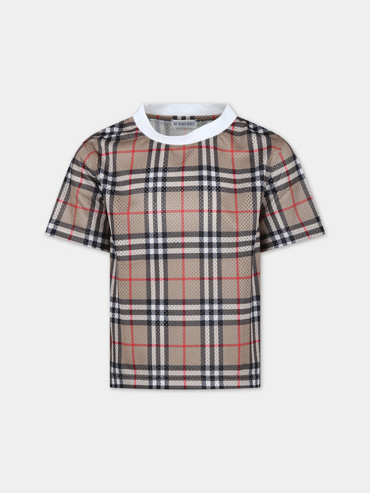 T-shirt beige per bambino con iconico check vintage,Burberry Kids,8078636 A7028
