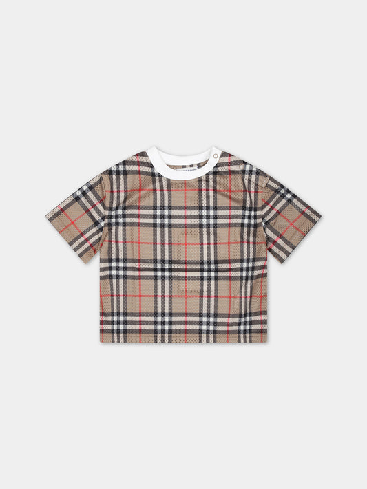 T-shirt beige per neonato con iconico check vintage,Burberry Kids,8078637 A7028