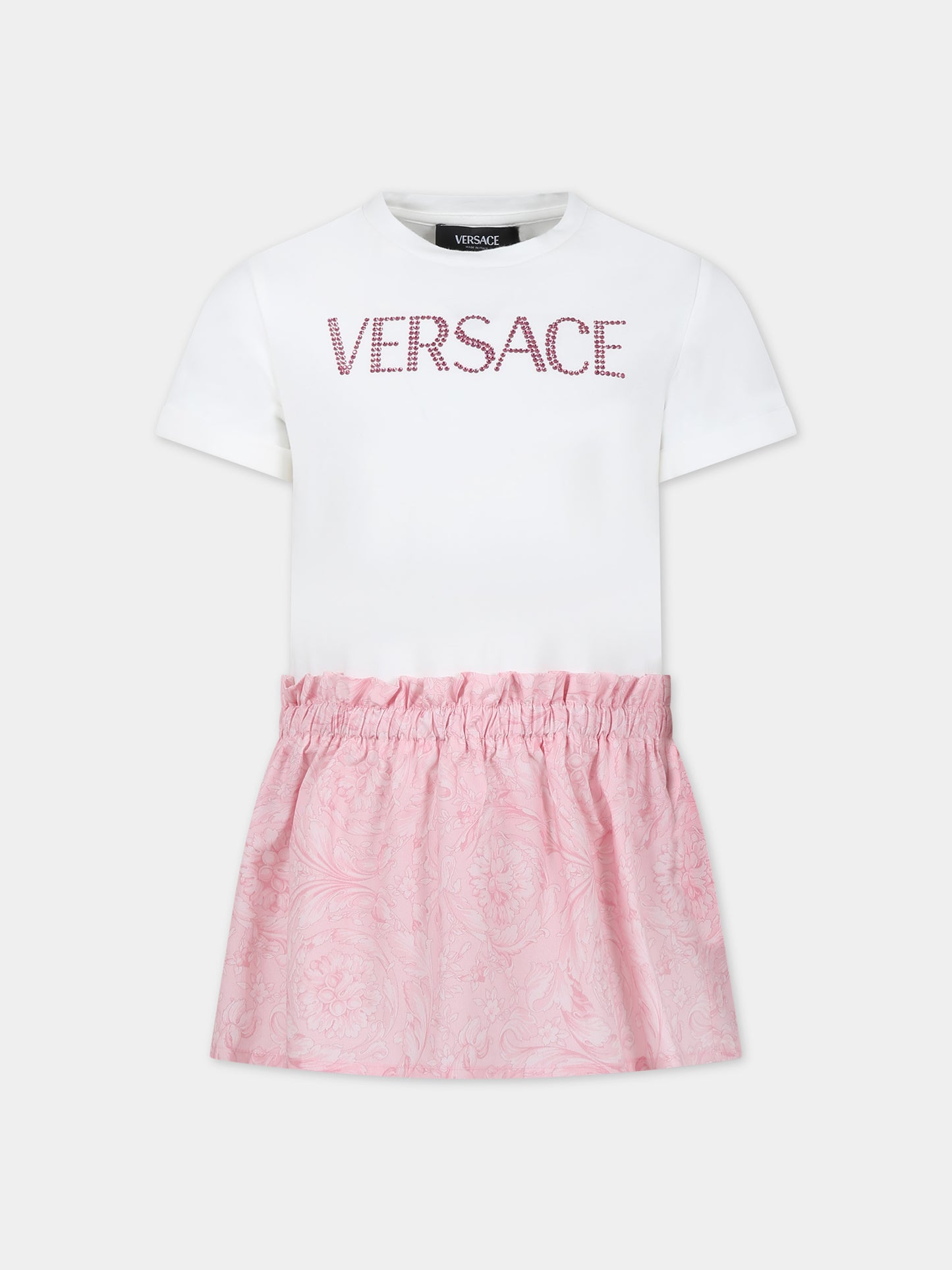 Vestito rosa per neonata con stampa barocco e logo con strass,Versace,1011337 1A09678 2W310