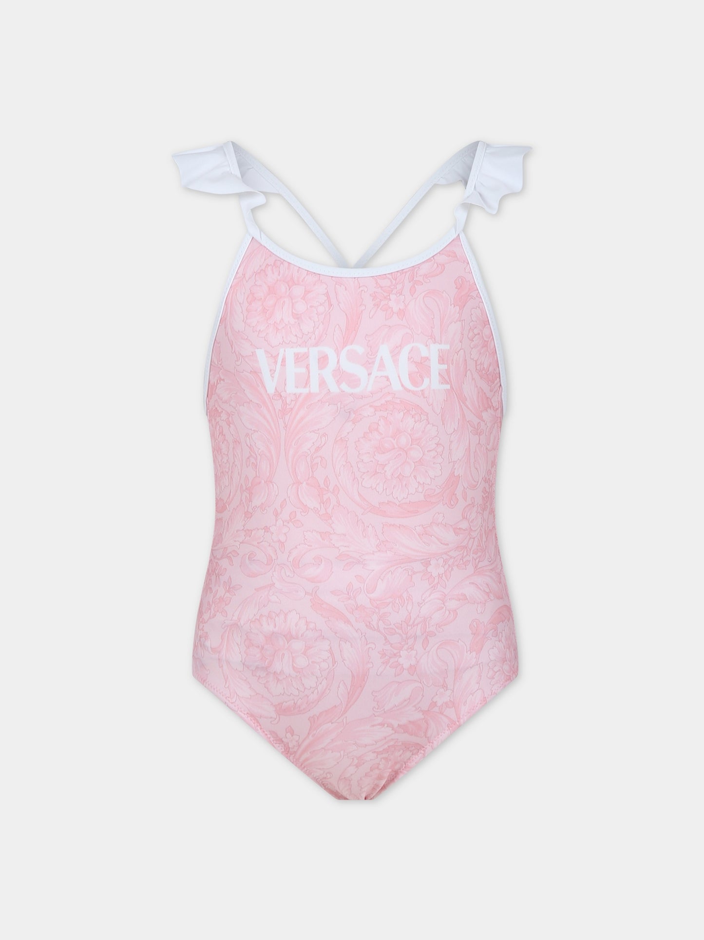 Costume intero rosa per bambina con stampa barocco,Versace,1014233 1A10009 5P950