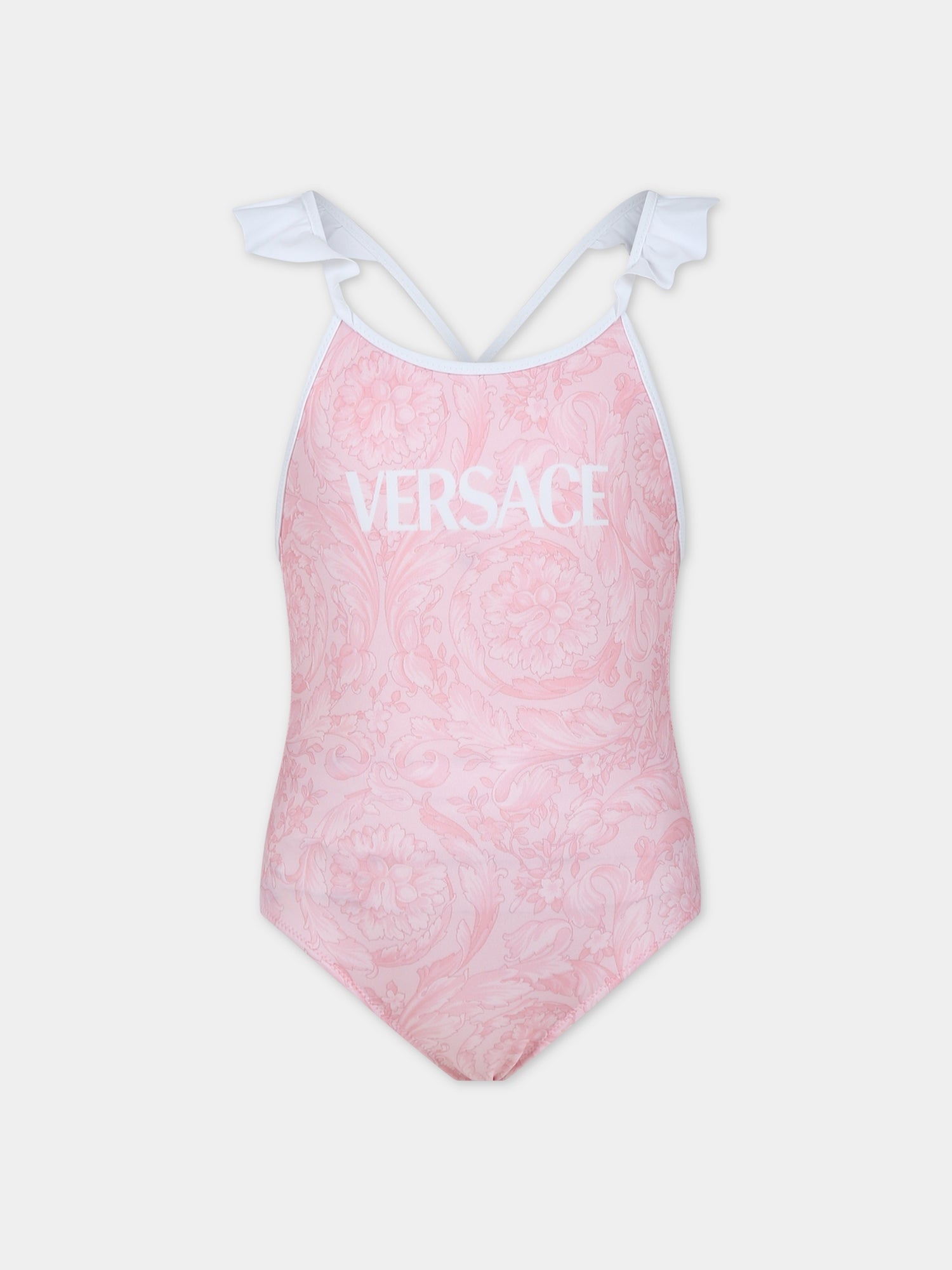 Costume intero rosa per bambina con stampa barocco,Versace,1014233 1A10009 5P950