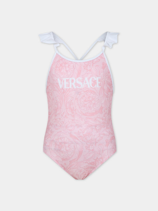 Costume intero rosa per bambina con stampa barocco,Versace,1014233 1A10009 5P950
