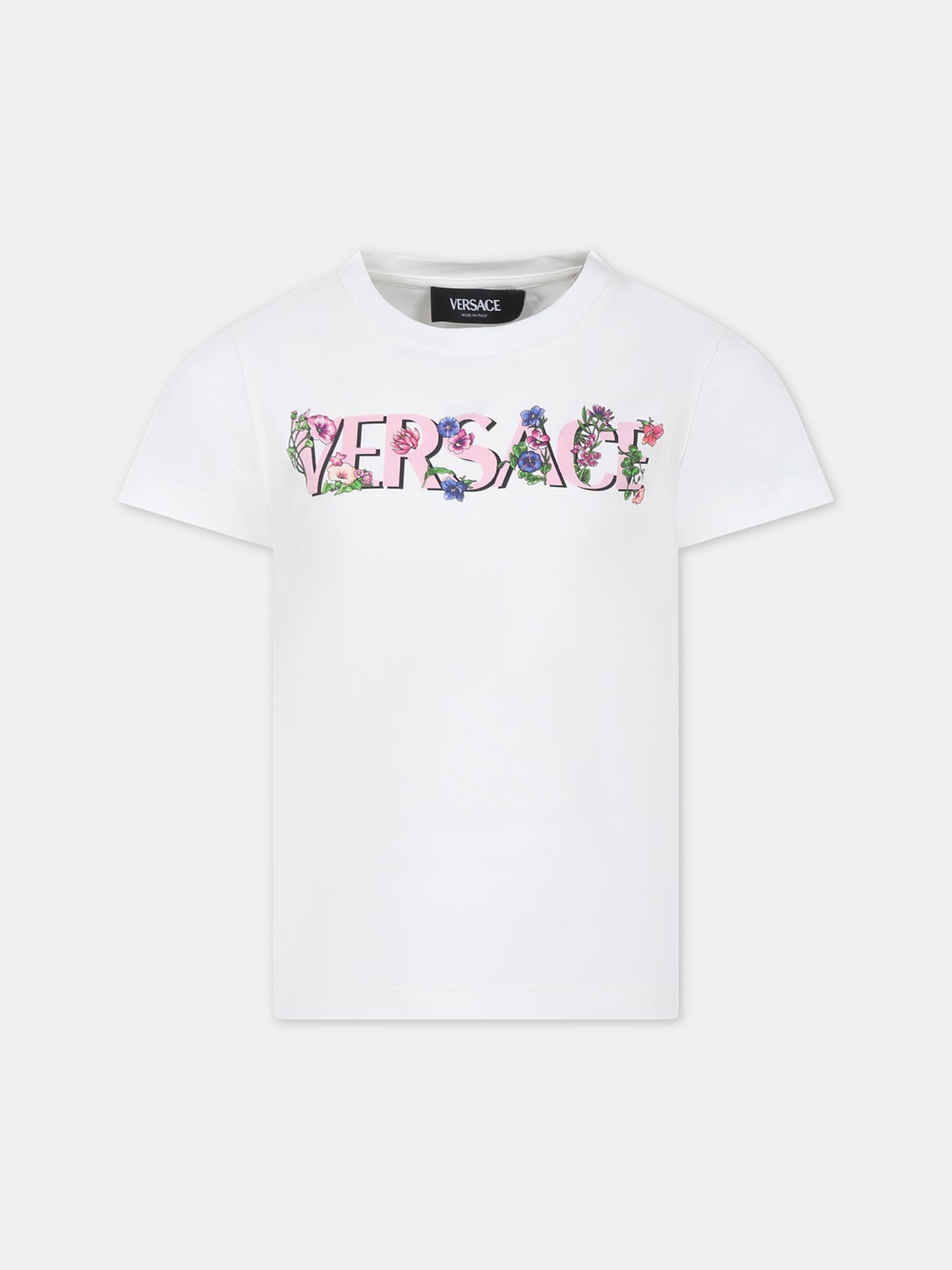 T-shirt bianca per bambina con stampa logo,Versace,1000052 1A09689 2W070