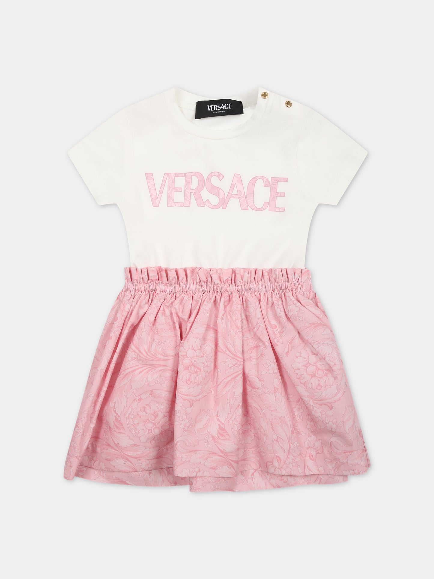 Vestito rosa per neonata con stampa barocco e logo,Versace,1000354 1A09957 2W310