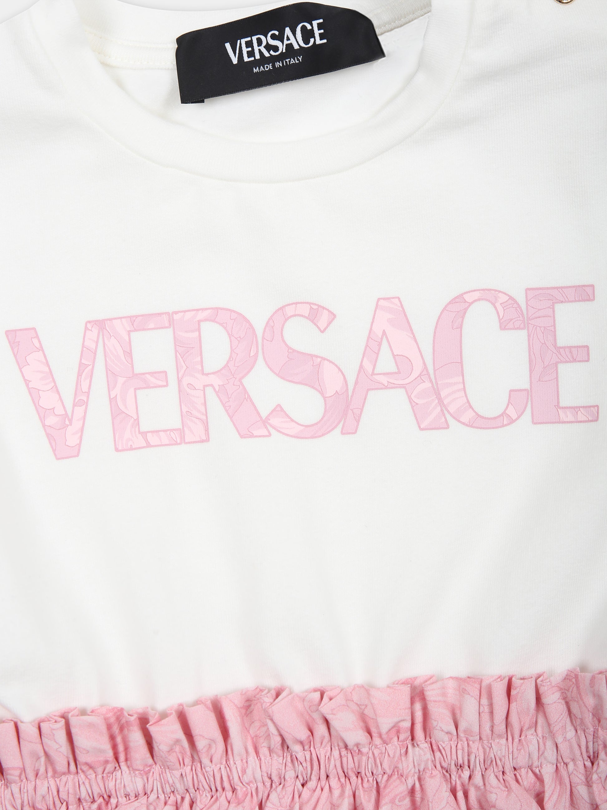 Vestito rosa per neonata con stampa barocco e logo,Versace,1000354 1A09957 2W310