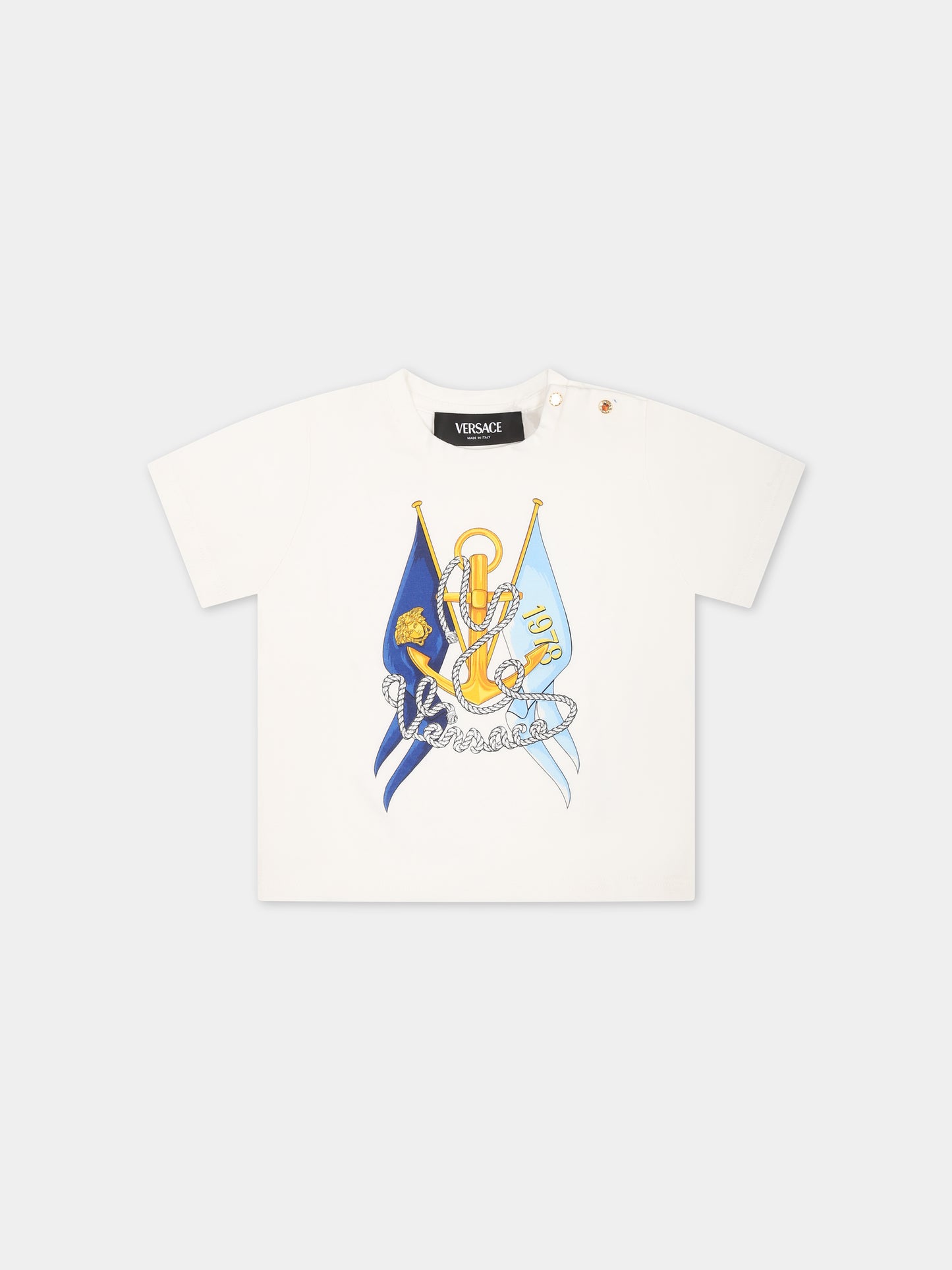 T-shirt bianca per neonato con stampa ancora,Versace,1000101 1A09770 2W070