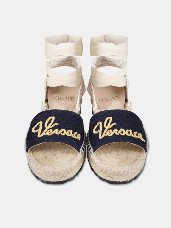 Sandali blu per bambina in corda con logo,Versace,1013132 1A10039 2KF5V
