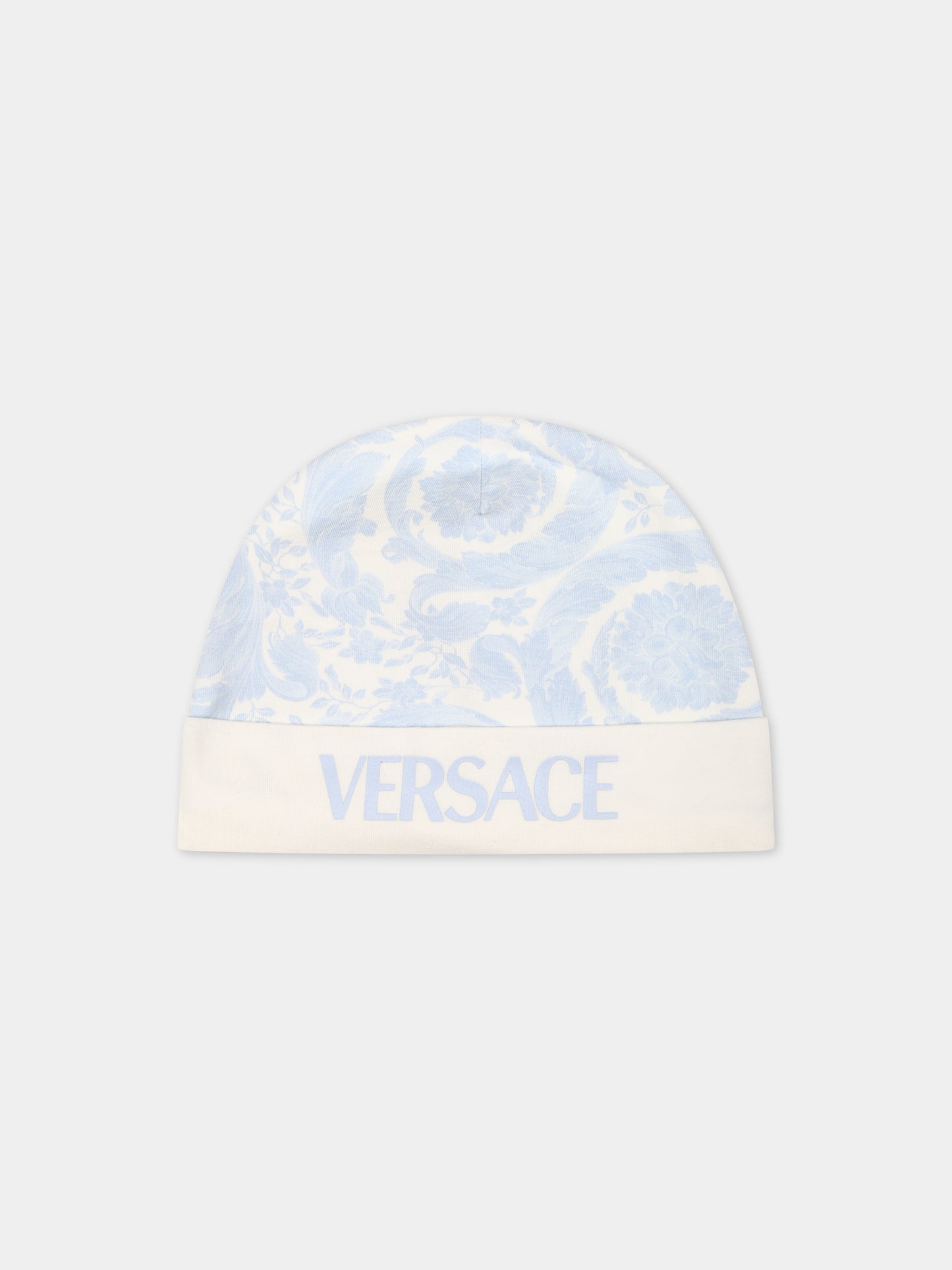 Cappello celeste per neonato con stampa barocco,Versace,1000296 1A09525 2WK10