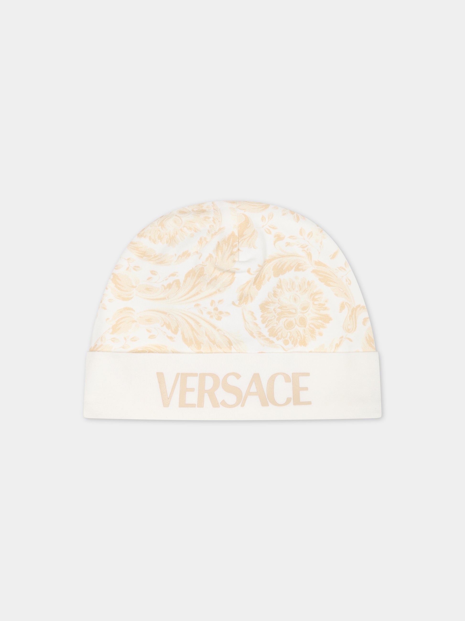 Cappello beige per neonato con stampa barocco,Versace,1000296 1A09525 2WJ70