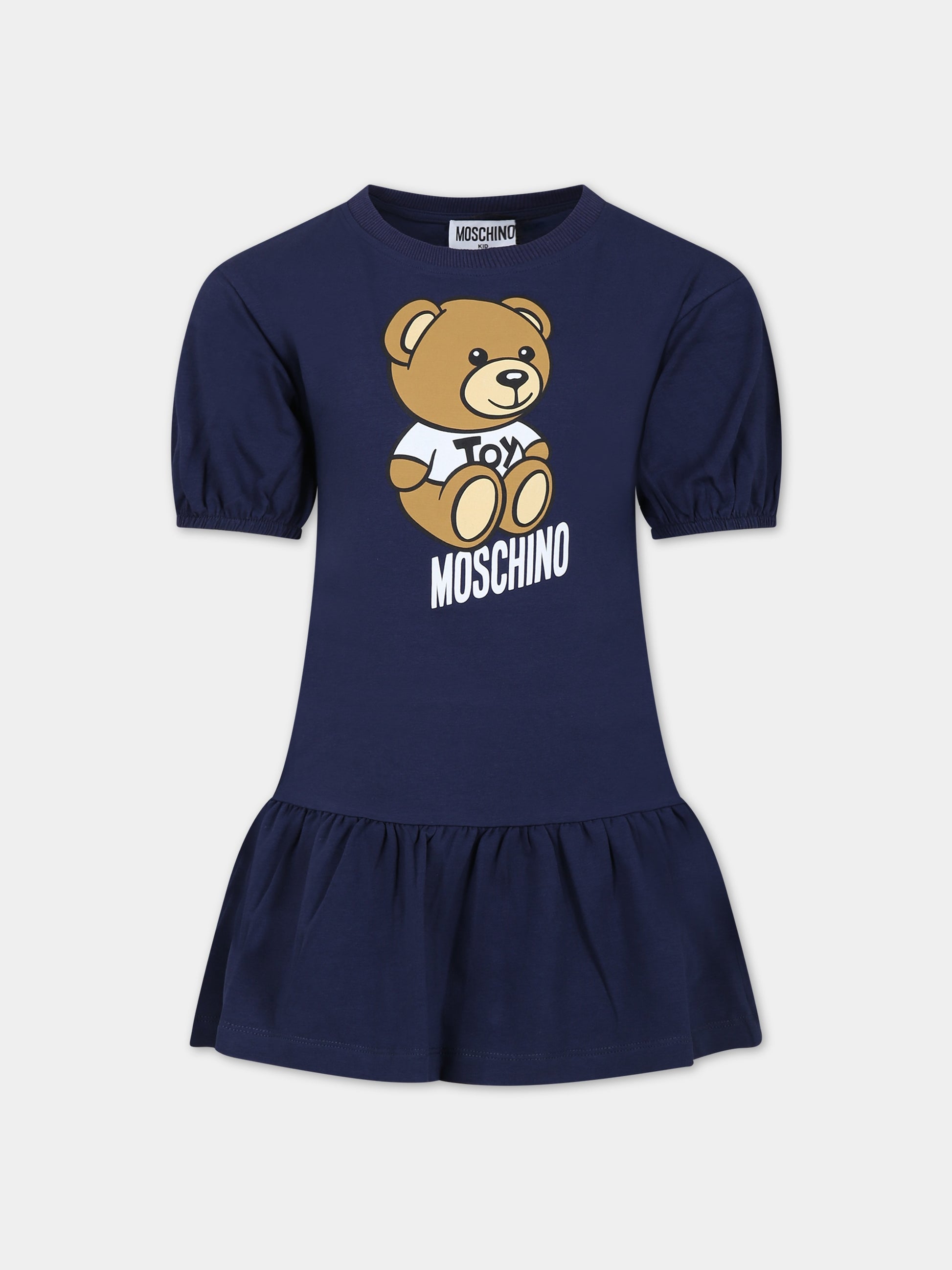 Vestito blu per bambina con logo e Teddy bear,Moschino Kids,HDV0CQ LBA10 40016