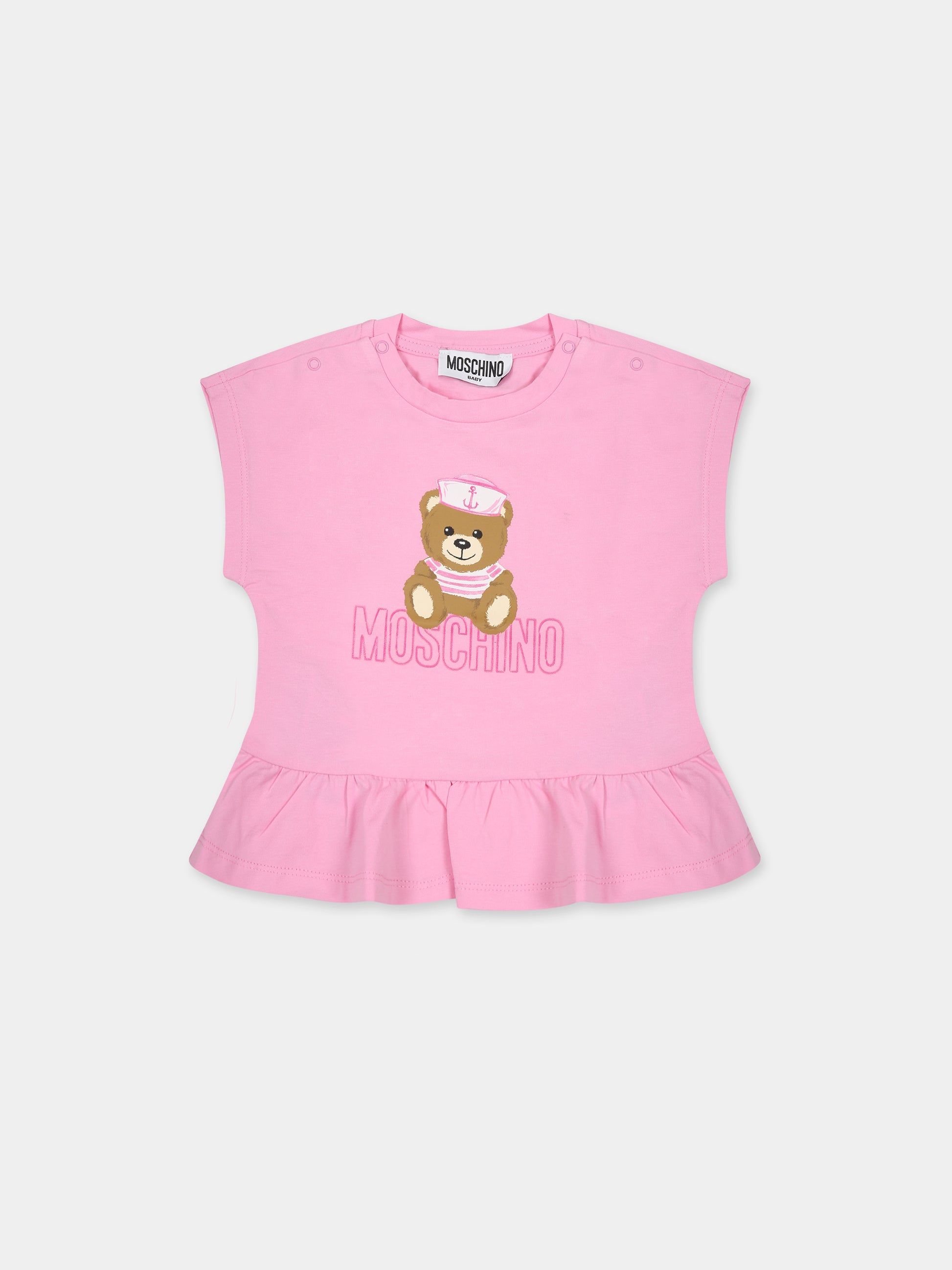 T-shirt rosa per neonata con Teddy Bear e logo,Moschino Kids,MDM037 LBA10 51473