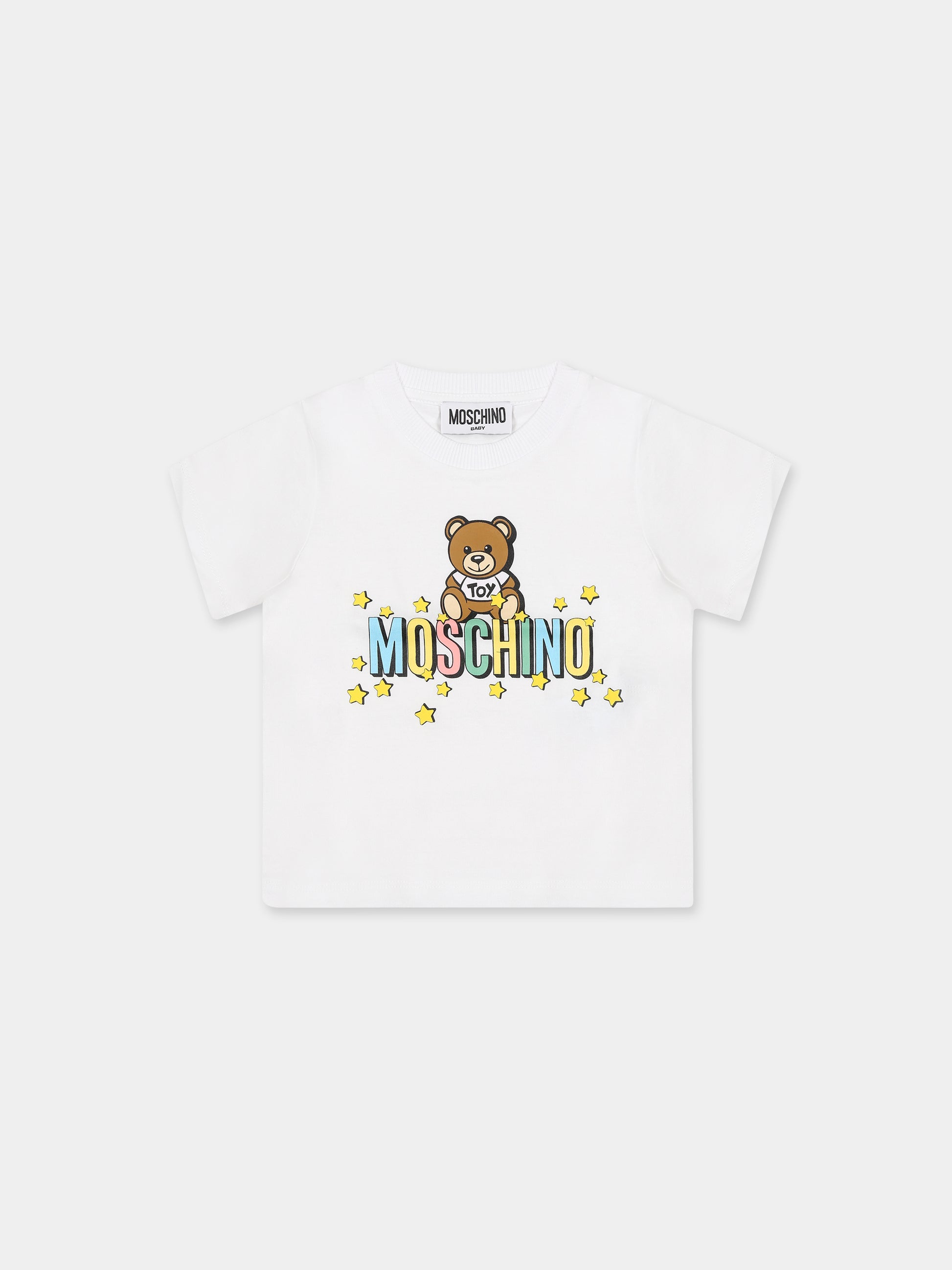 T-shirt bianca per neonati con Teddy bear e logo,Moschino Kids,MMM032 LAA27 10101