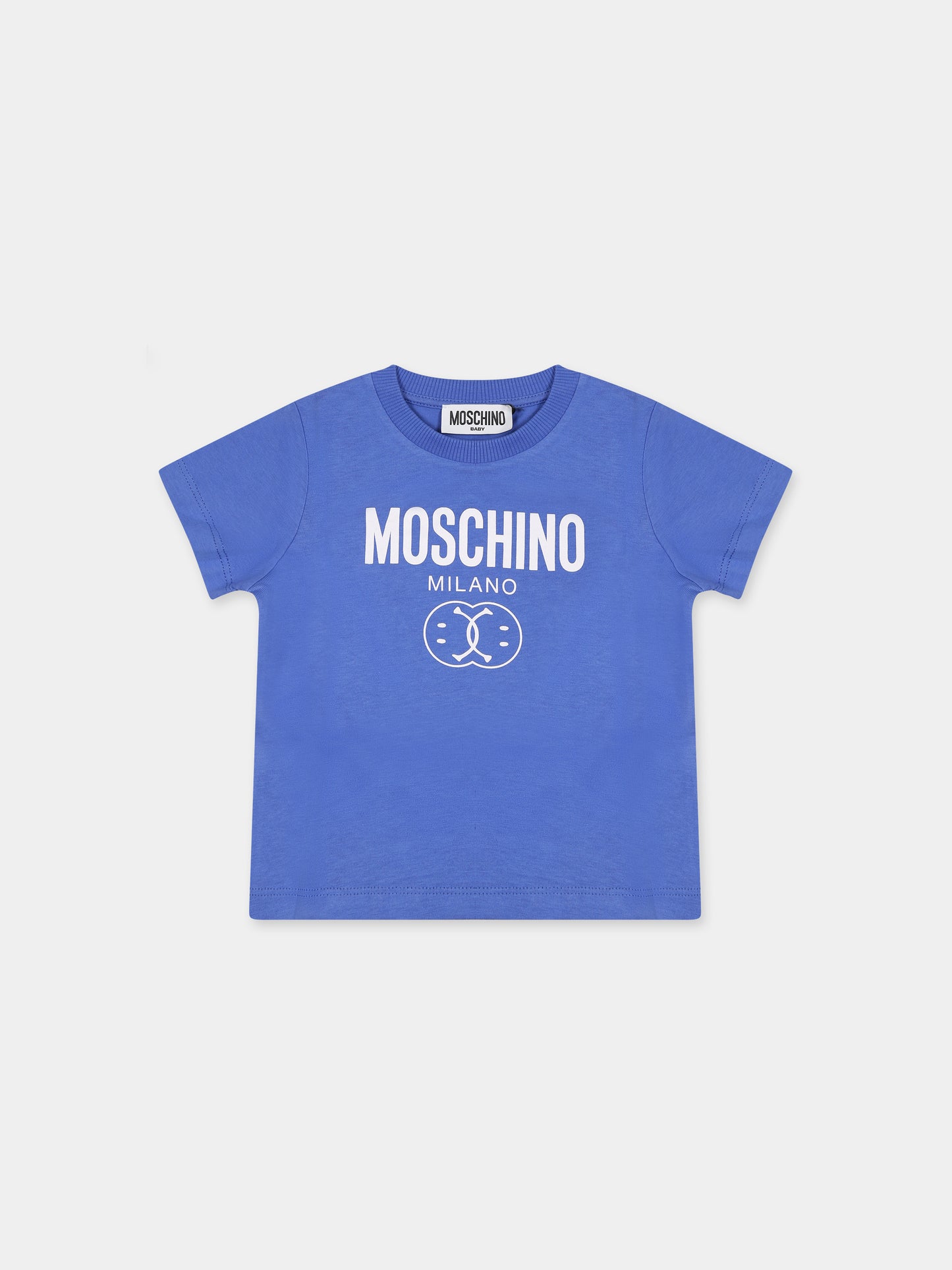 T-shirt blu per neonato con smile e logo,Moschino Kids,MNM032 LAA23 40640