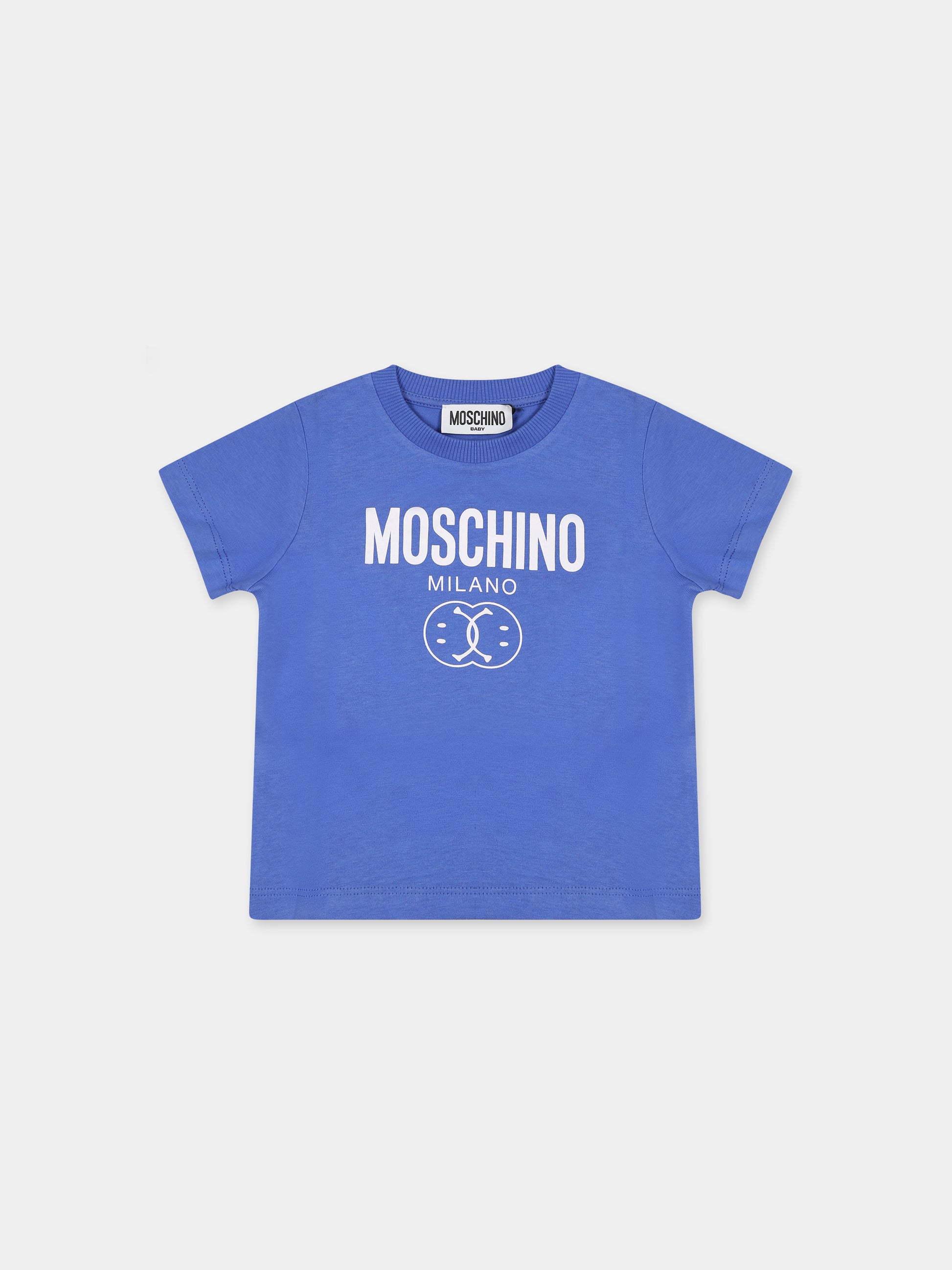 T-shirt blu per neonato con smile e logo,Moschino Kids,MNM032 LAA23 40640