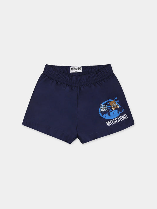 Boxer-mare blu per neonato con Teddy Bear e logo,Moschino Kids,MOL007 LKA02 40016