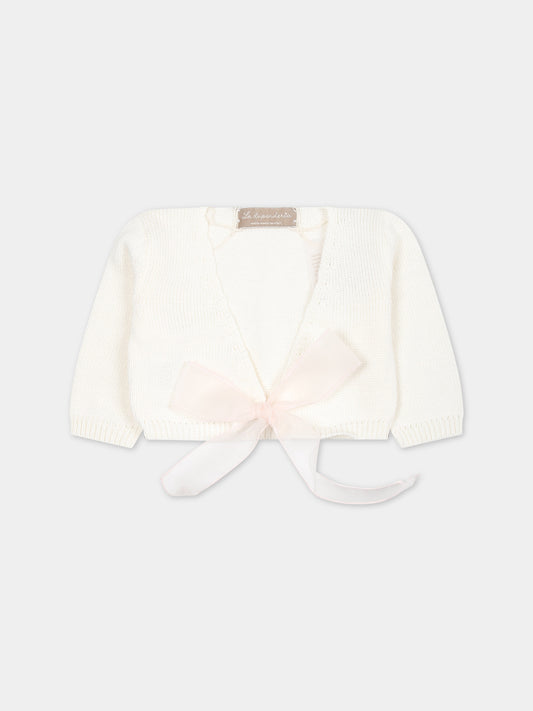 Cardigan bianco per neonata con fiocco rosa,La Stupenderia,SCSC52102 ROSA