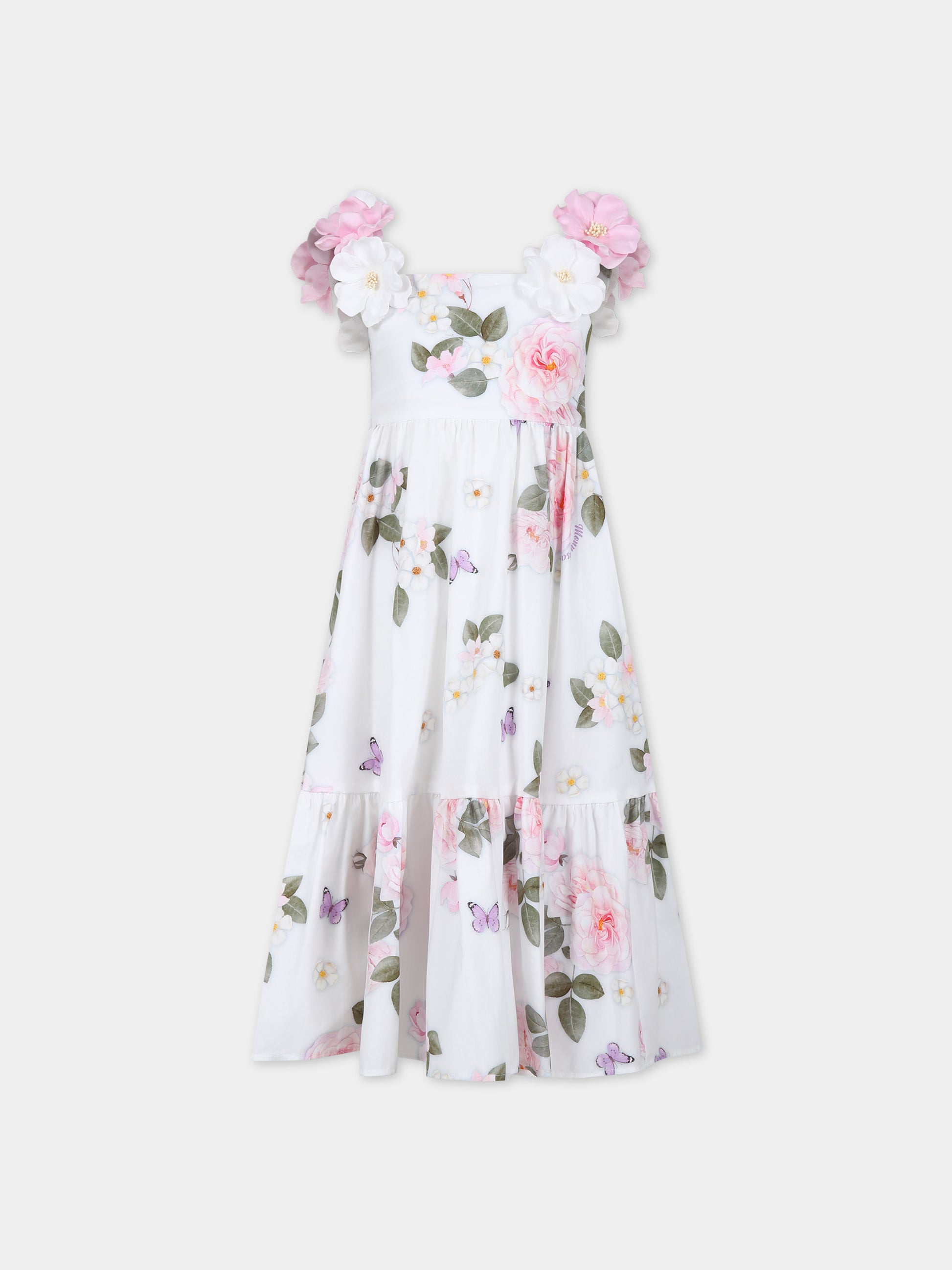Vestito bianco per bambina con fiori,Monnalisa,11C923 3672 0099