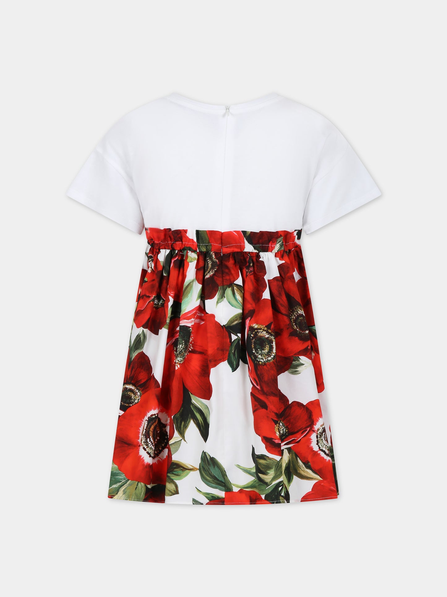 Vestito casual bianco per bambina con papaveri e logo,Dolce & Gabbana Kids,L5JD8A G7M2A S9000