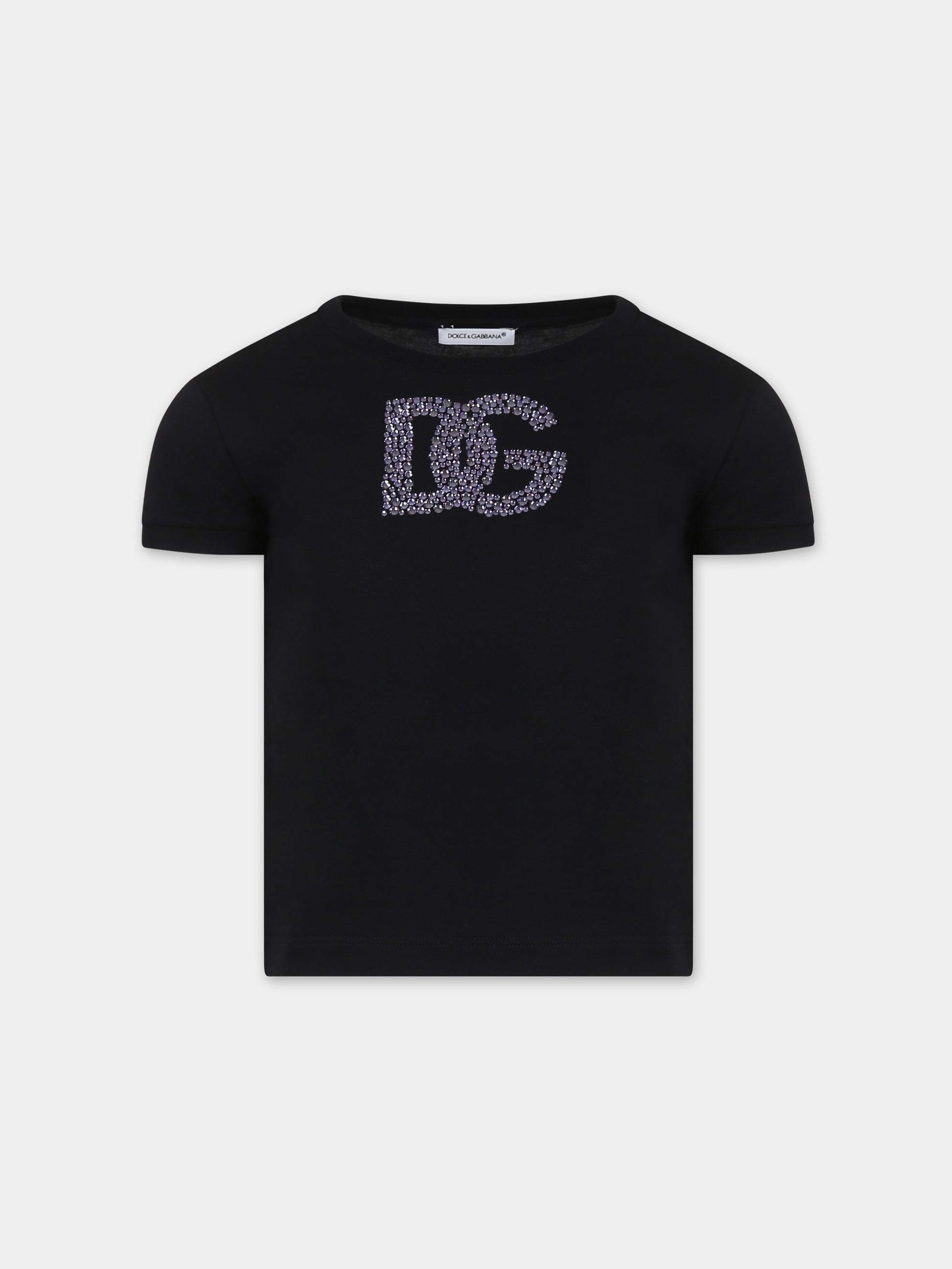 T-shirt nera per bambina con iconico monogramma e strass,Dolce & Gabbana Kids,L5JTMO G7L1U N0000