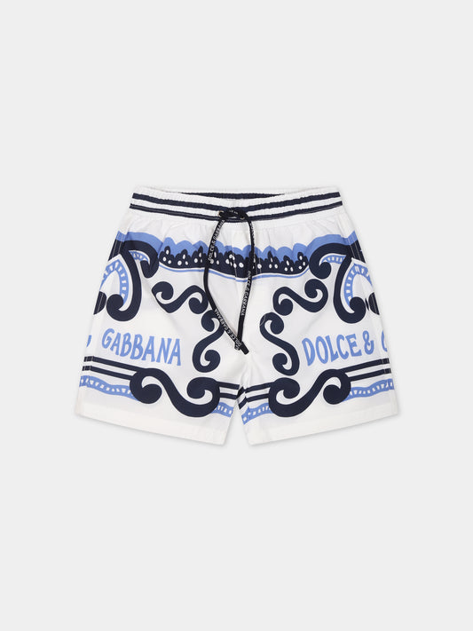 Boxer mare bianco per neonato con stampa bandana e logo,Dolce & Gabbana Kids,L1J845 G7L0N HC4XR