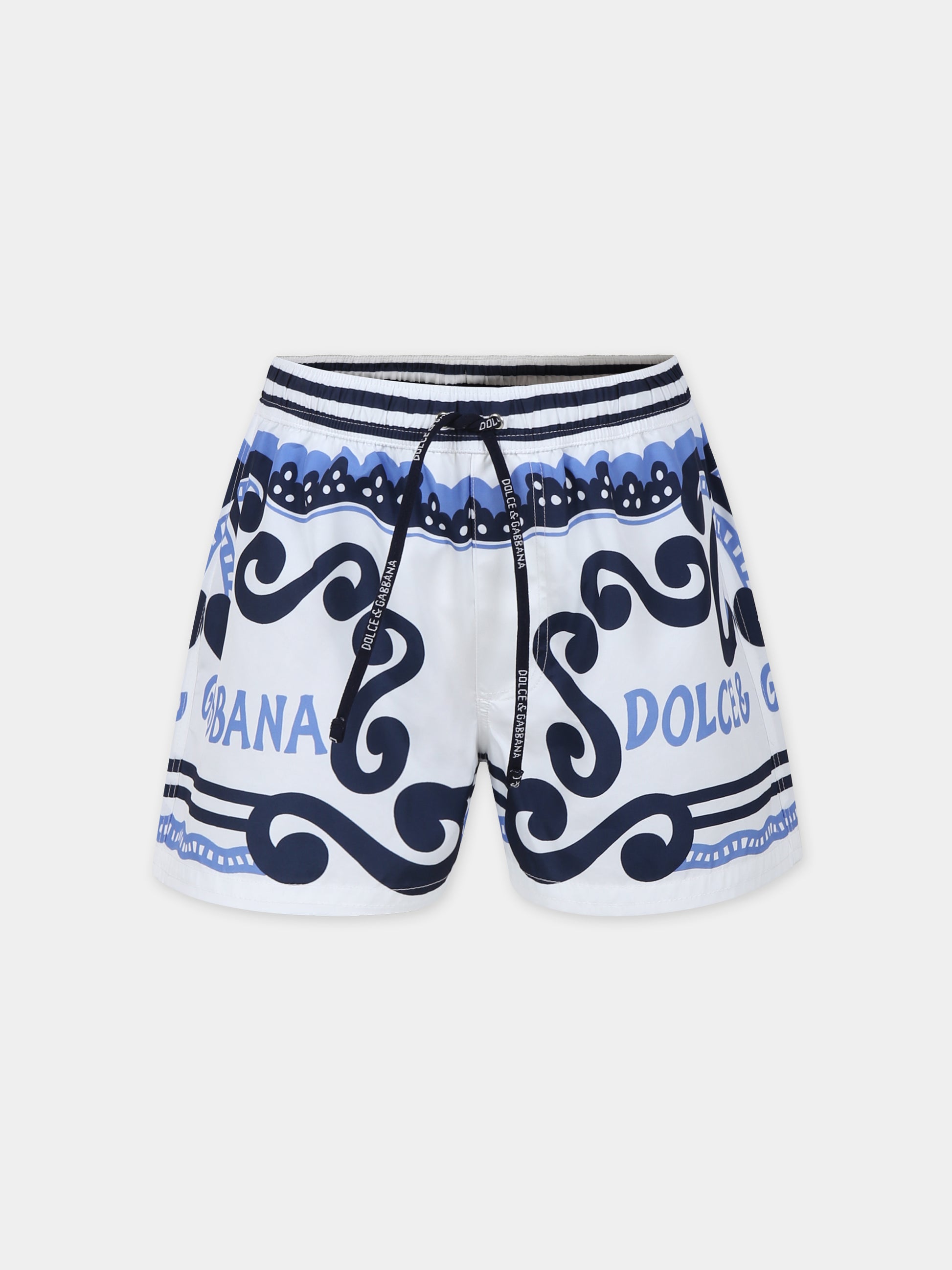 Boxer mare bianco per bambino con stampa bandana e logo,Dolce & Gabbana Kids,L4J845 G7L0N HC4XR