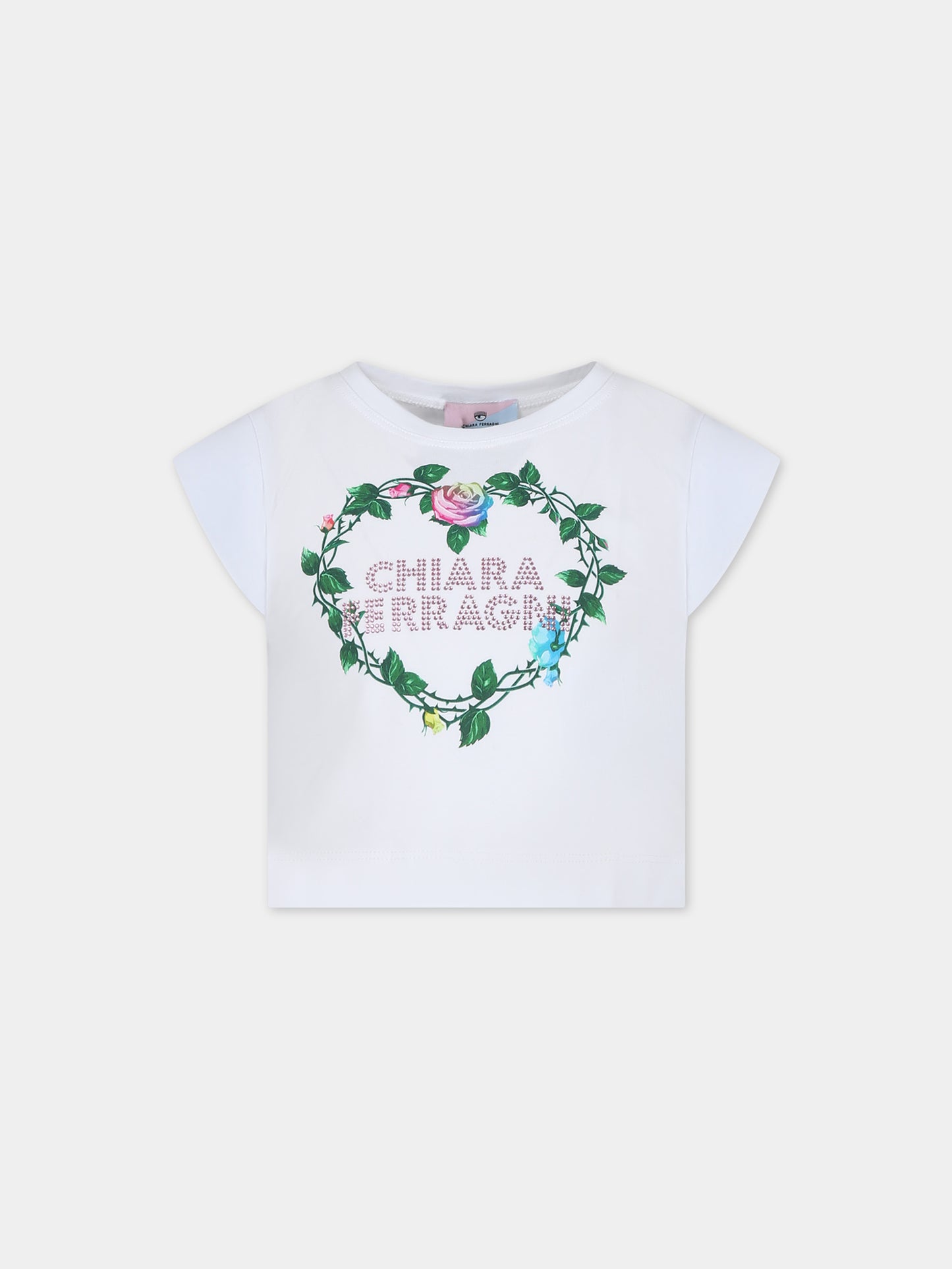 T-shirt bianca per bambina con stampa logo con strass,Chiara Ferragni Collection,51C619 3201 0099
