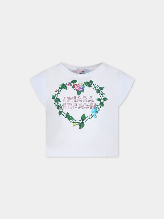 T-shirt bianca per bambina con stampa logo con strass,Chiara Ferragni Collection,51C619 3201 0099