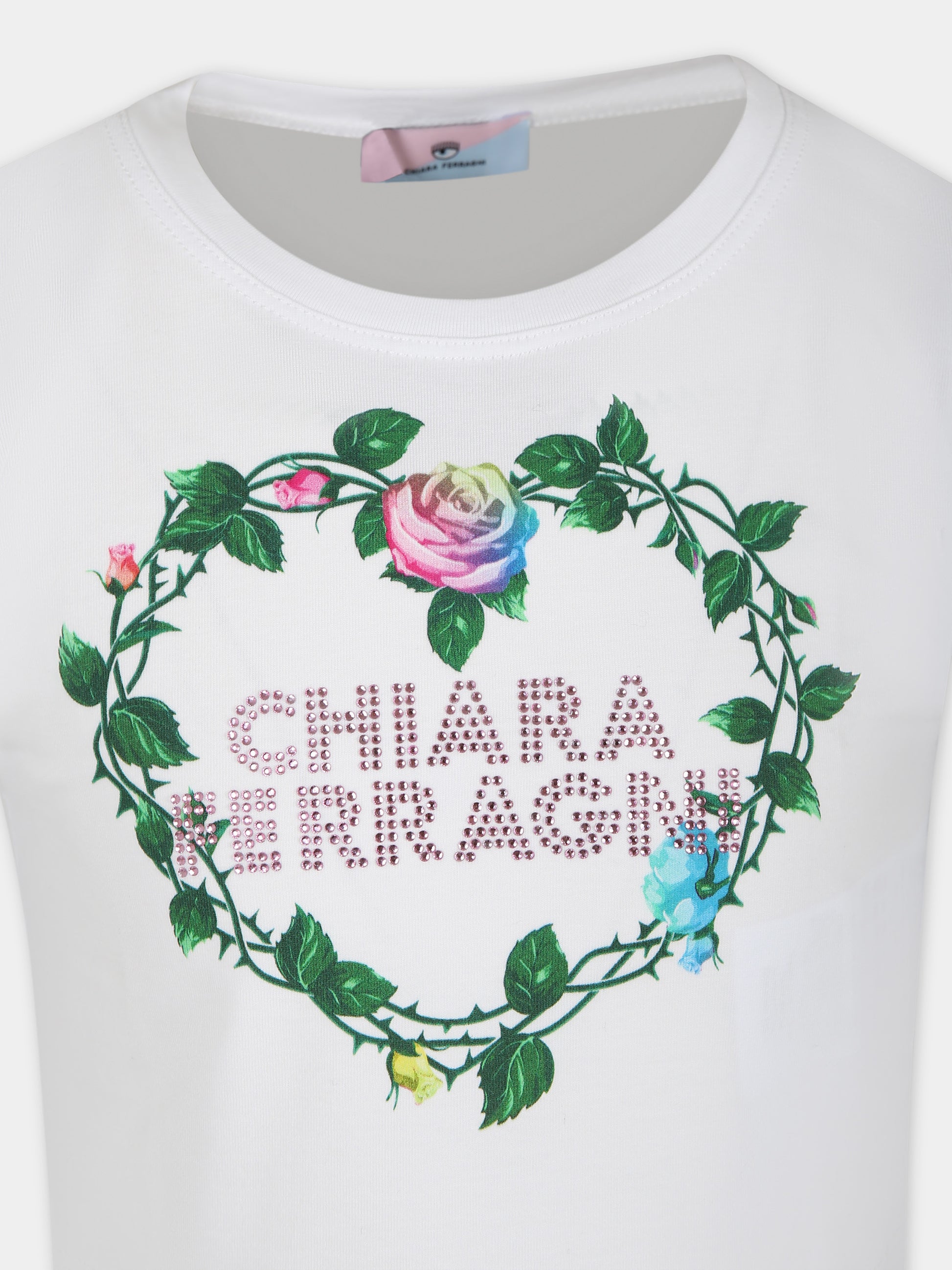 T-shirt bianca per bambina con stampa logo con strass,Chiara Ferragni Collection,51C619 3201 0099