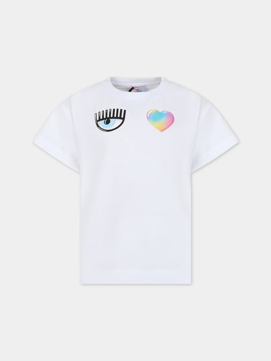 T-shirt bianca per bambina con eye flirting e cuore,Chiara Ferragni Collection,59C613 3021 0099