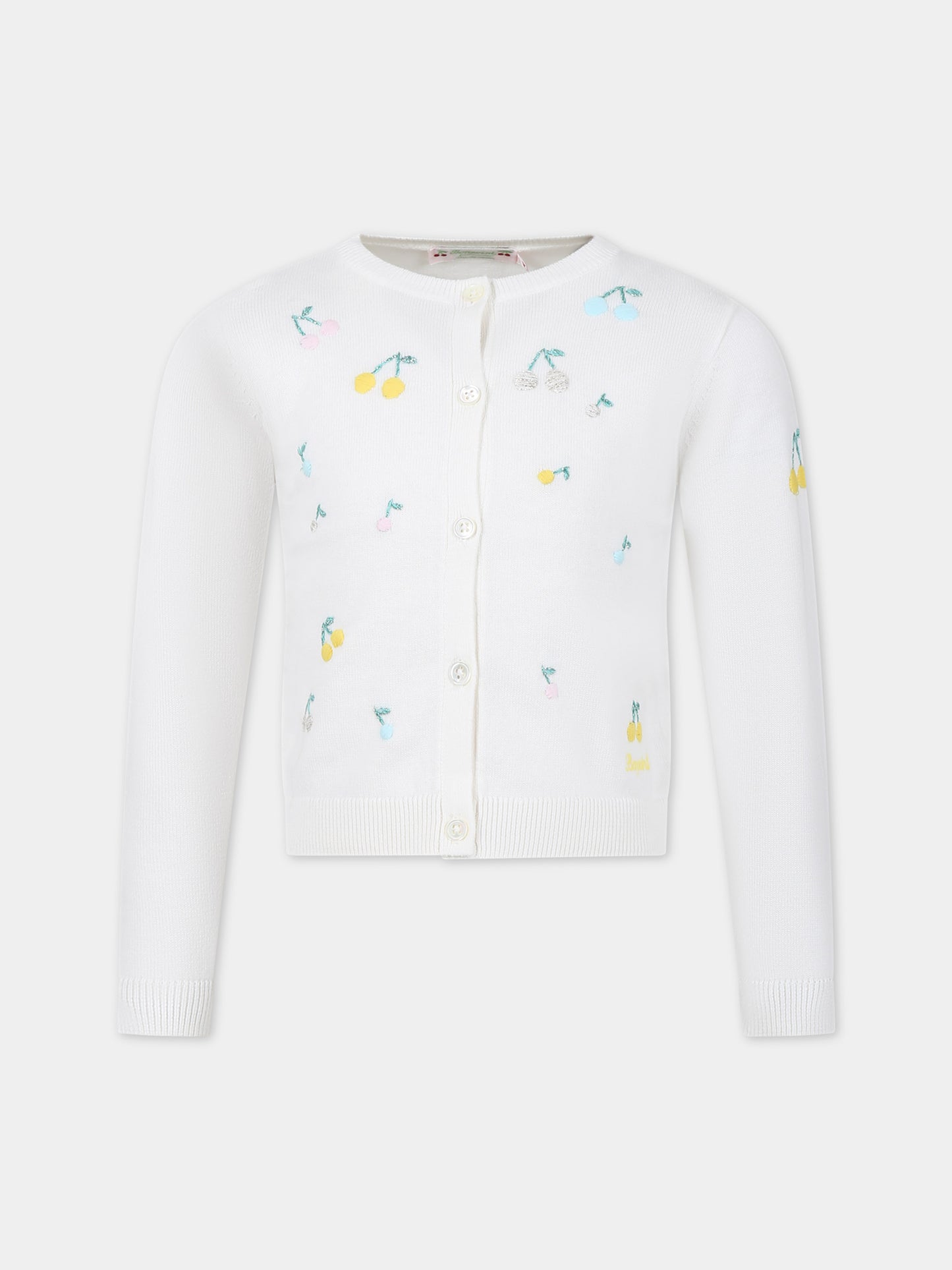 Cardigan bianco per bambina con ciliegie multicolor ricamate all-over,Bonpoint,S04GCAK00006 102