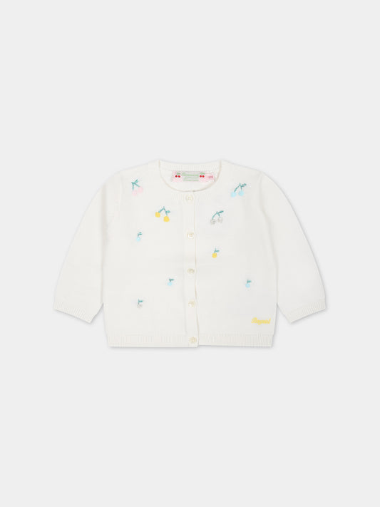 Cardigan bianco per neonata con ciliegie ricamate all-over,Bonpoint,S04XCAK00009 102