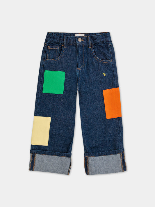 Jeans in denim per bambini con toppe multicolor e logo,Bobo Choses,124AC116