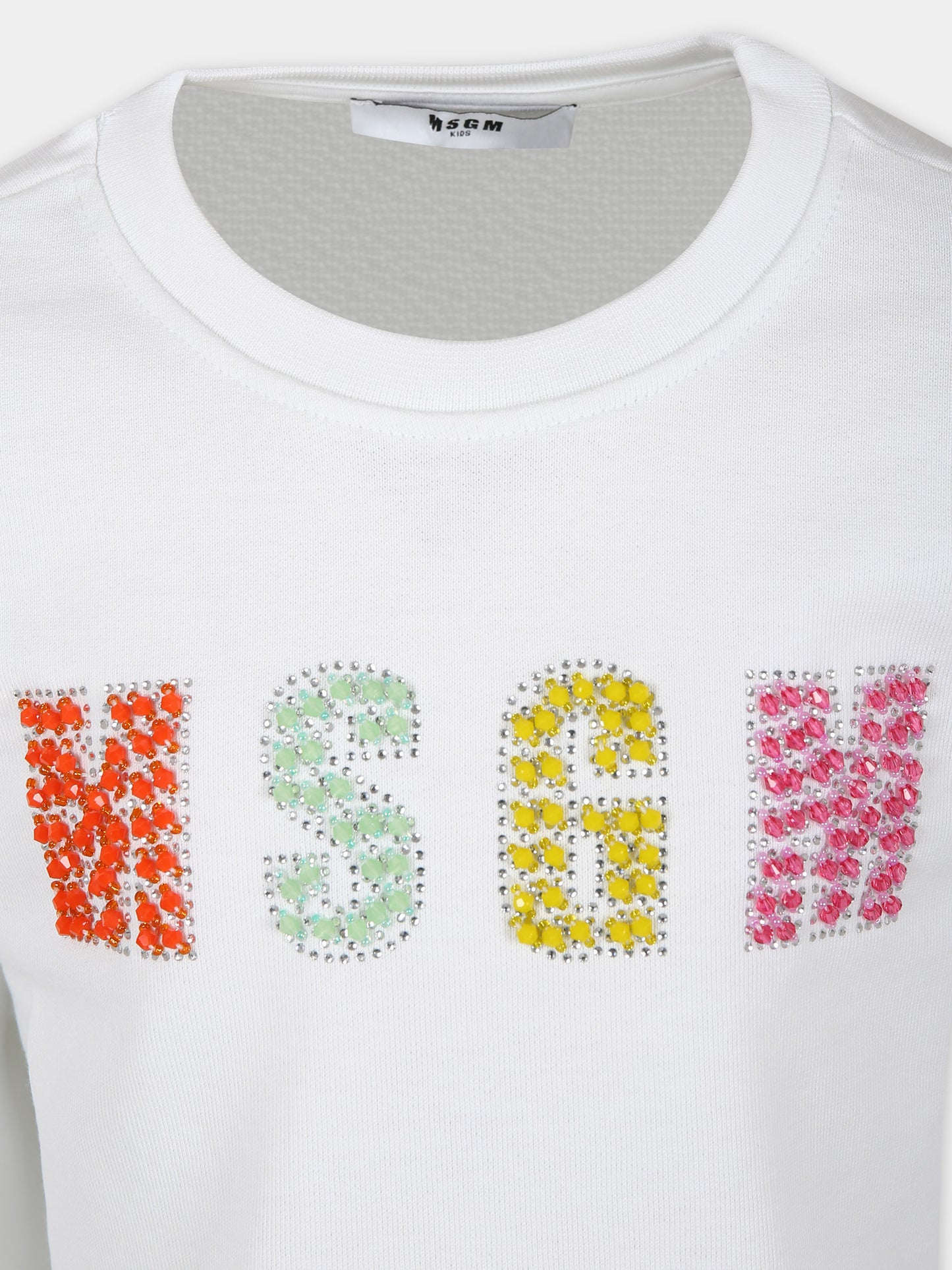 Felpa bianca per bambina con strass e pietre multicolor,Msgm Kids,S4MSJGSW175 001