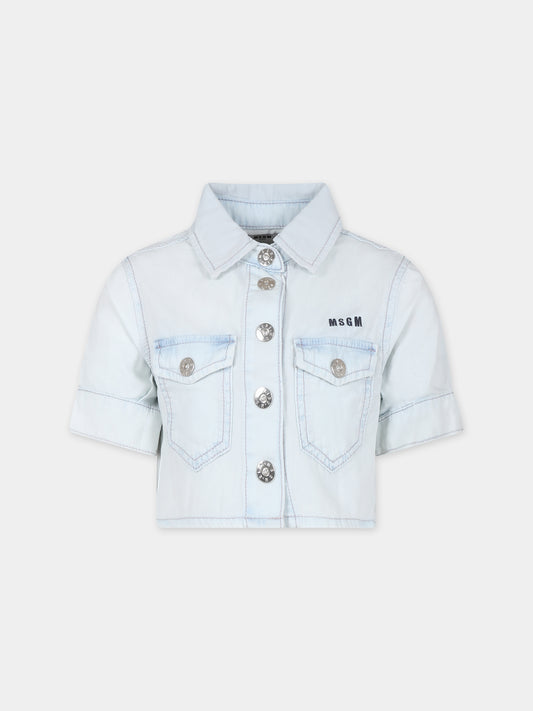 Camicia celeste per bambina con logo,Msgm Kids,S4MSJGSI045 126