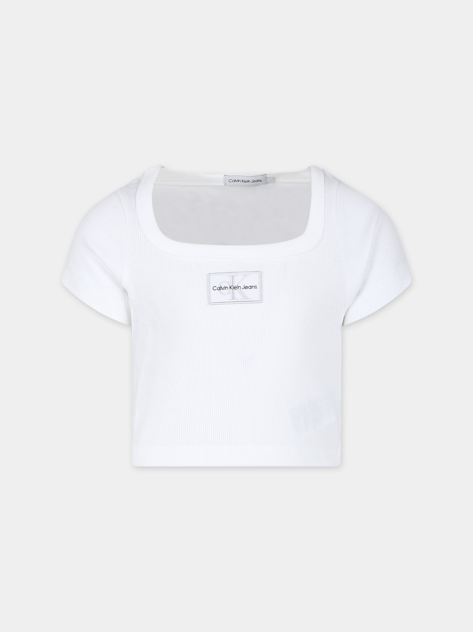 T-shirt crop bianca per bambina con logo,Calvin Klein Kids,24SMCKIG0IG02439J YAF