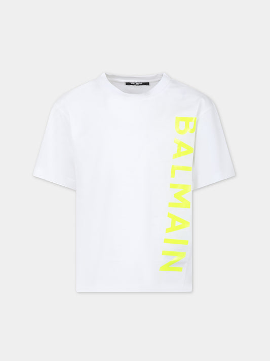 T-shirt bianca per bambini con logo giallo,Balmain Kids,BU8S01 Z1751 100GL