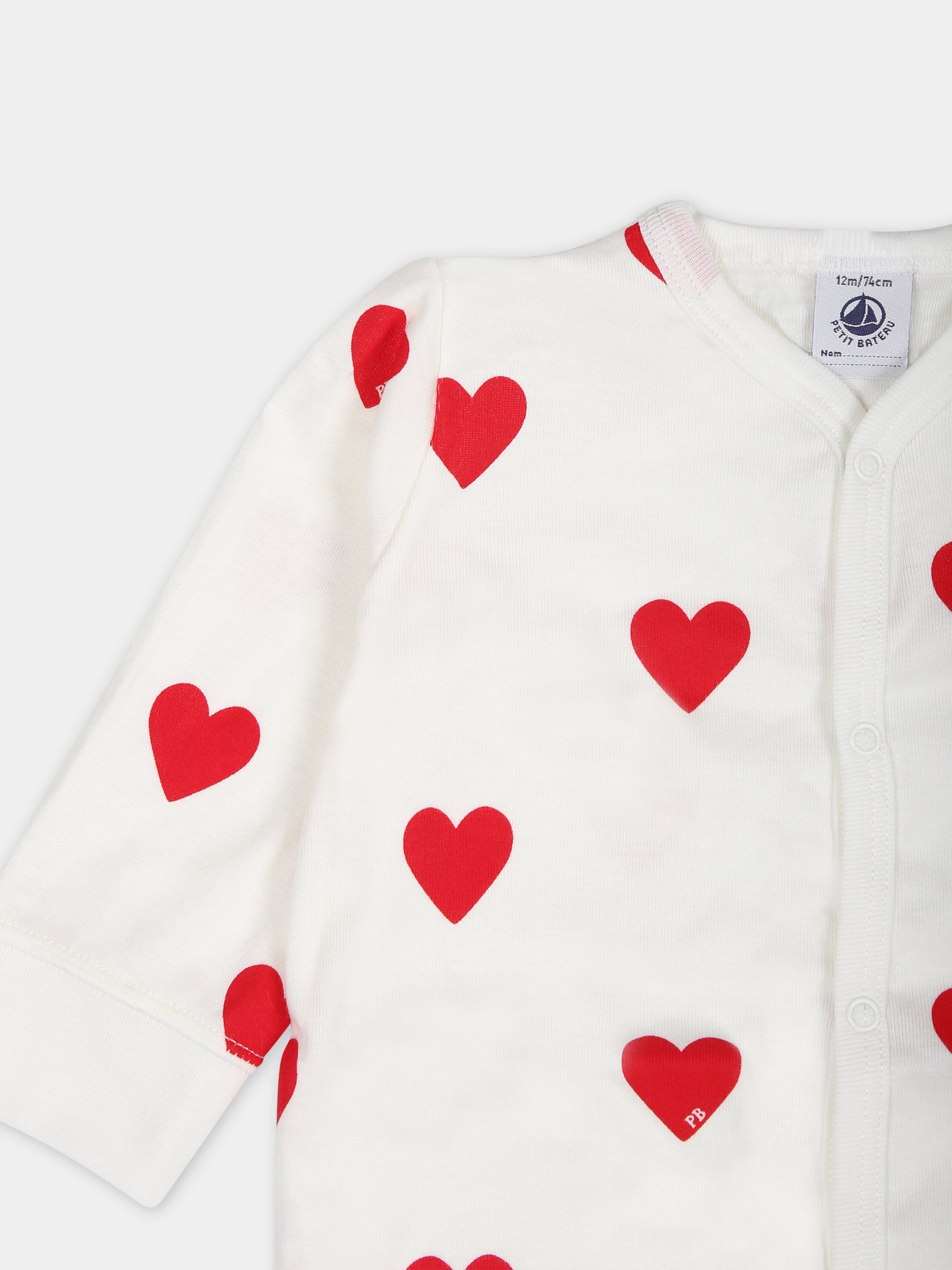 Tutina bianca per neonata con cuori,Petit Bateau,A00E9 01 MARSHMALLOW/TERKUIT