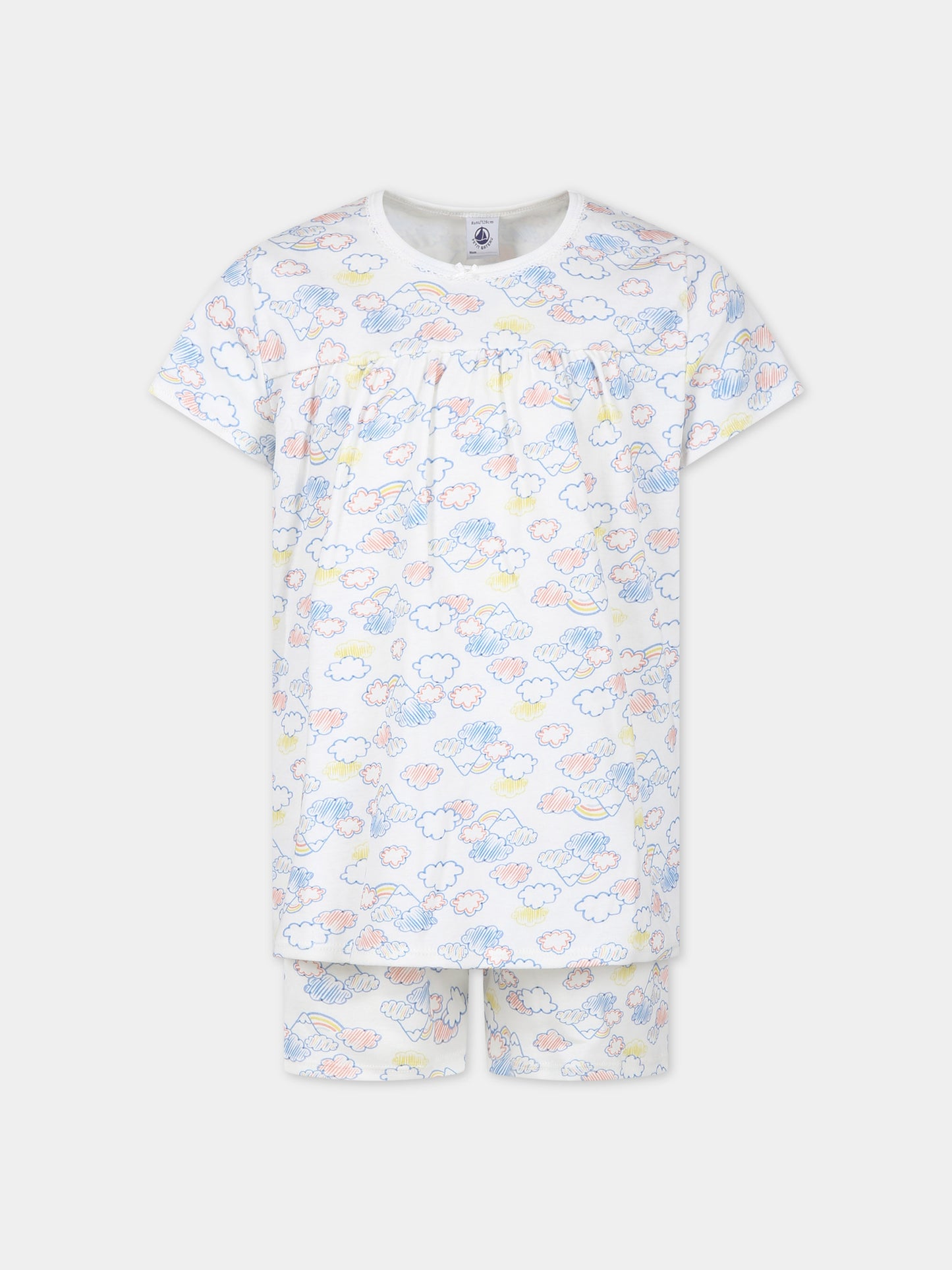 Pigiama bianco per bambina con stampa nuvole,Petit Bateau,A09R8 01 MARSHMALLOW/MULTICO