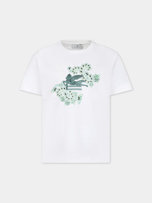 T-shirt bianca per bambini con logo e motivo paisley,Etro,GU8P21 Z2081 101VE