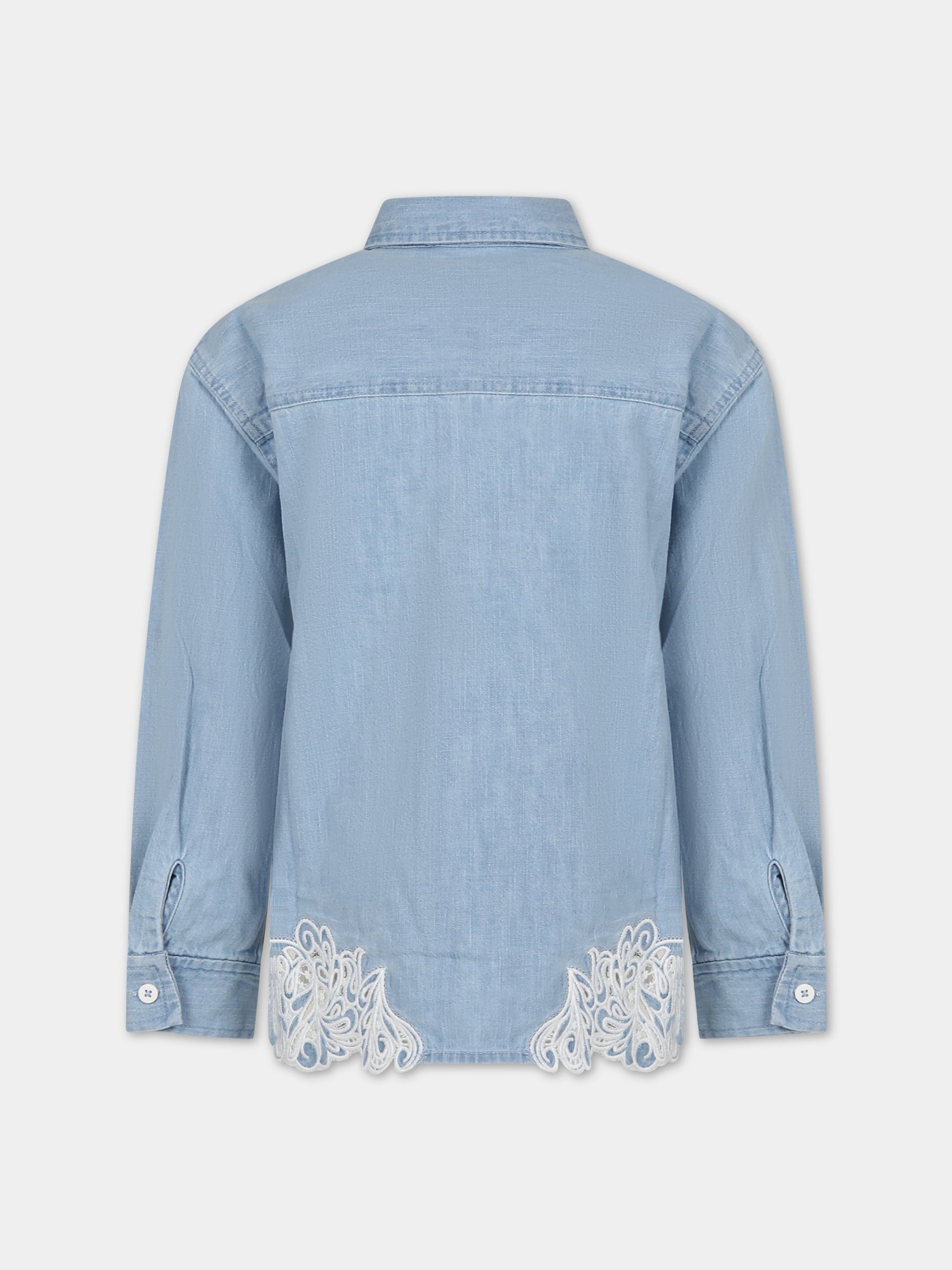 Camicia blu per bambina con ricamo e logo,Ermanno Scervino Junior,SFCA015 C DF026 4100