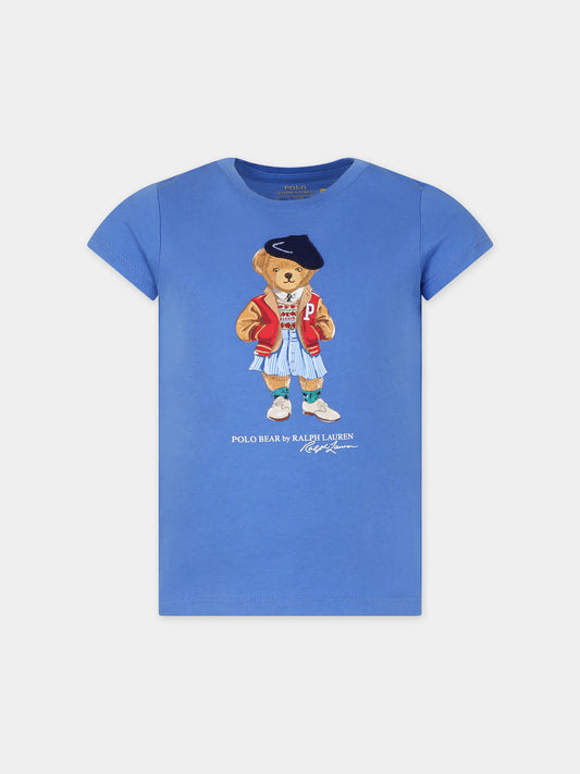 T-shirt azzurra per bambina con Polo Bear,Ralph Lauren Kids,934974001