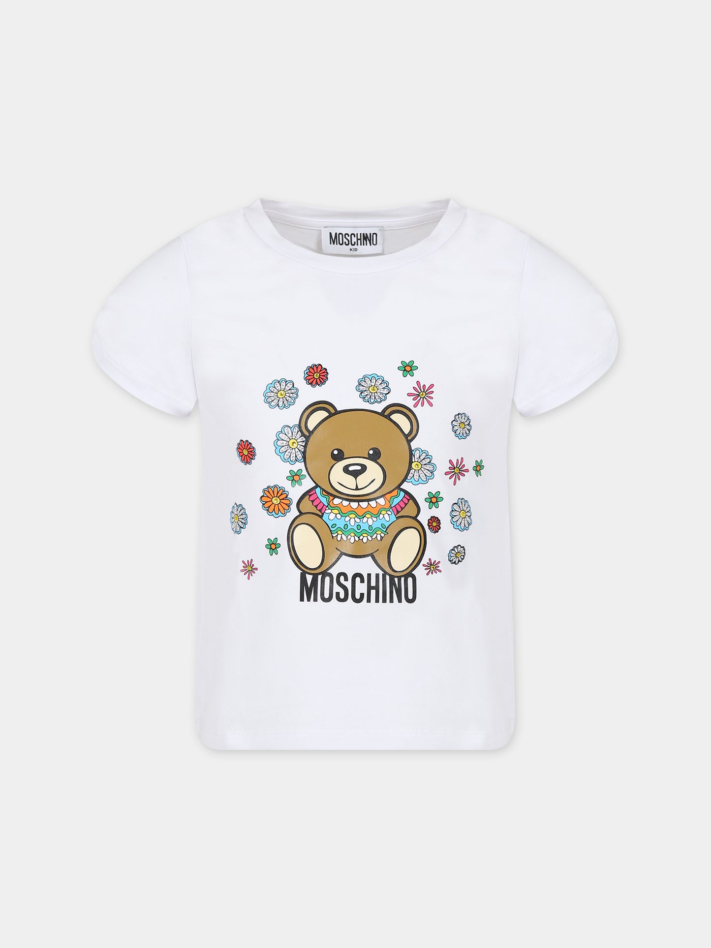 T-shirt bianca per bambina con Teddy bear e fiori,Moschino Kids,HDM04T LBA00 10101