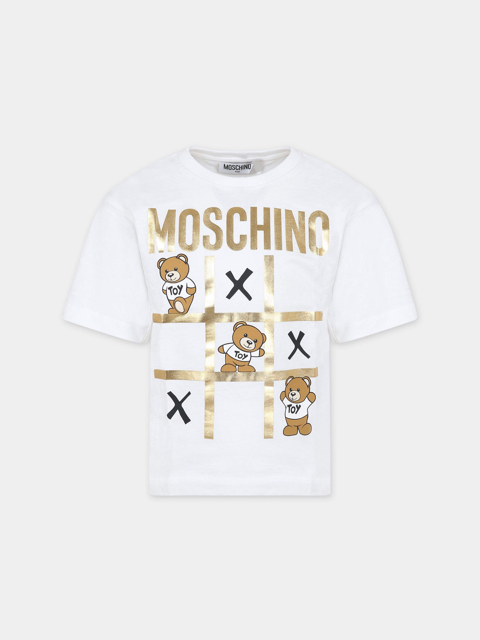 T-shirt bianca per bambina con Teddy Bear e logo,Moschino Kids,HPM03R LAA23 10101