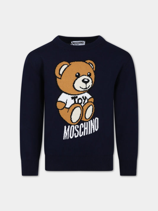 Maglione blu per bambina con Teddy bear e logo,Moschino Kids,HPW00J LHE13 40016