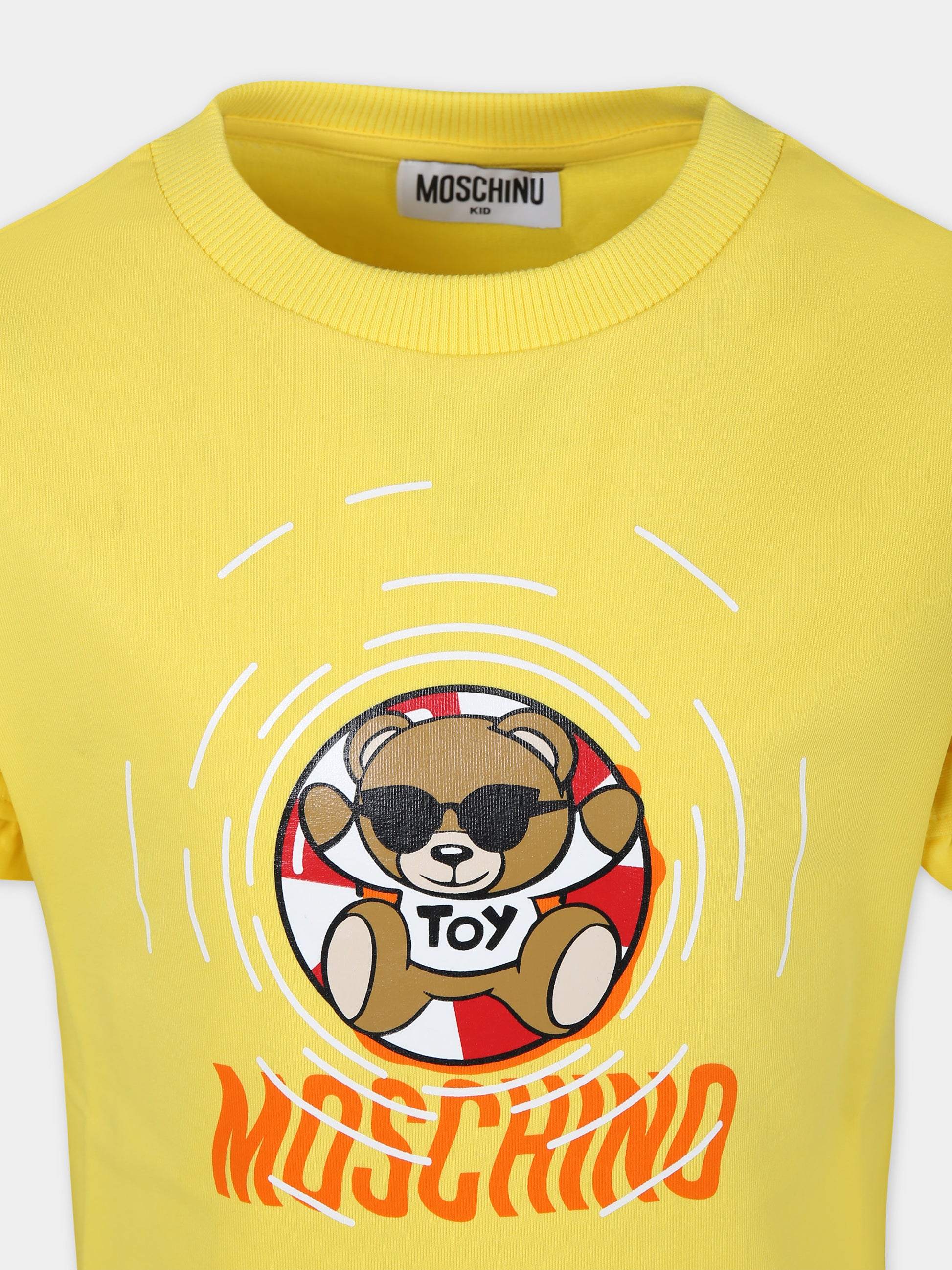 Vestito giallo per bambina con stampa multicolor e Teddy Bear,Moschino Kids,HDV0F4 LDA13 50162