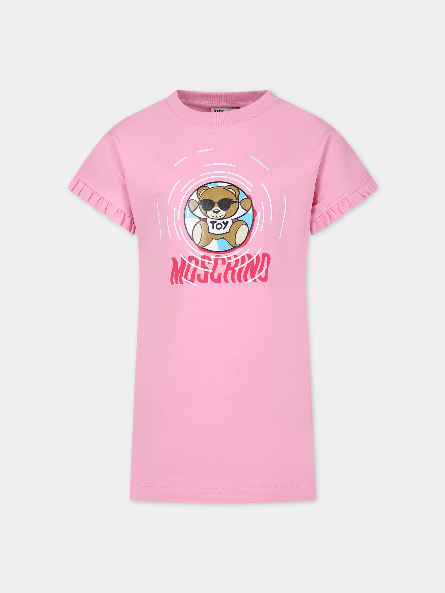 Vestito rosa per bambina con stampa multicolor e Teddy Bear,Moschino Kids,HDV0F4 LDA13 50206