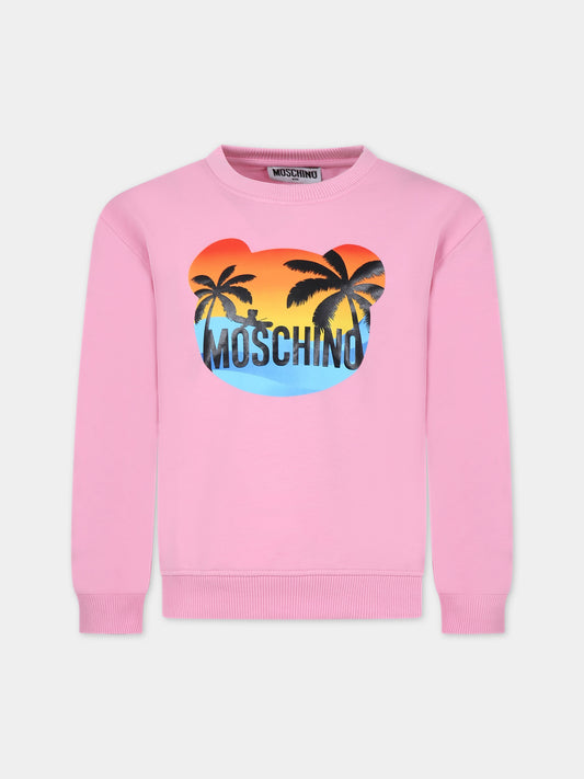 Felpa rosa per bambina con stampa multicolor a forma di Teddy Bear,Moschino Kids,HUF08E LDA13 50206