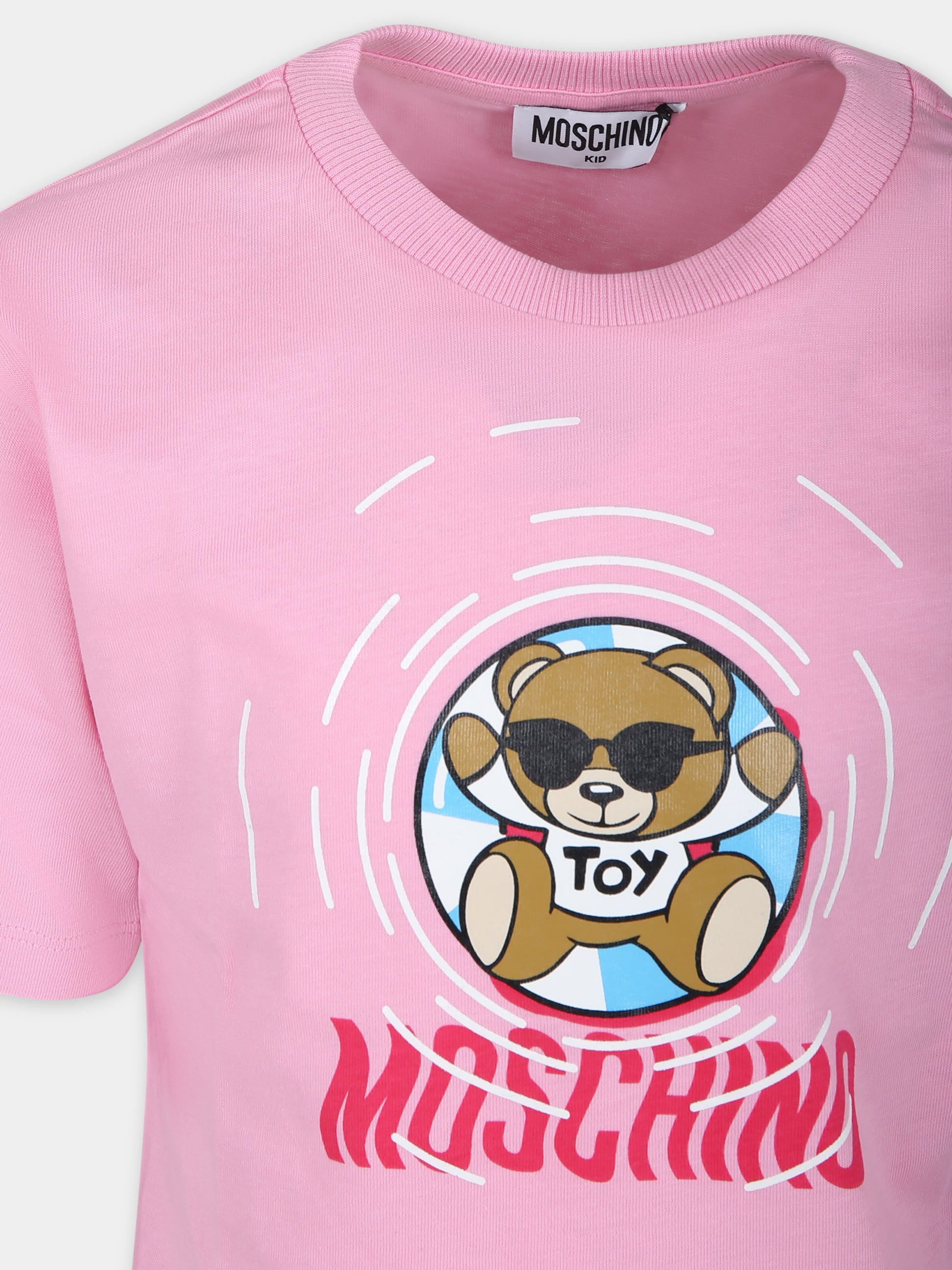 T-shirt rosa per bambina con stampa multicolor e Teddy Bear,Moschino Kids,HUM04R LAA23 50206