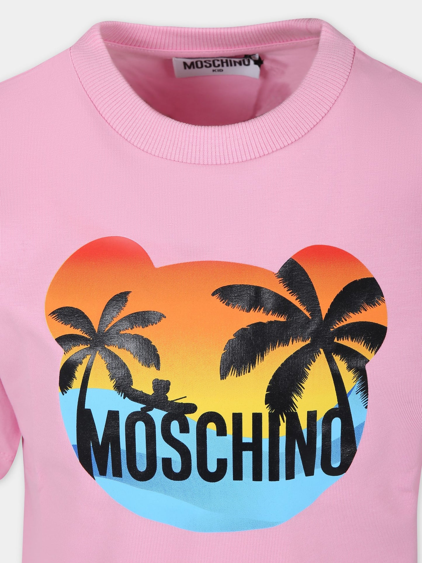 T-shirt rosa per bambini con stampa multicolor e logo,Moschino Kids,HUM04S LBA10 50206