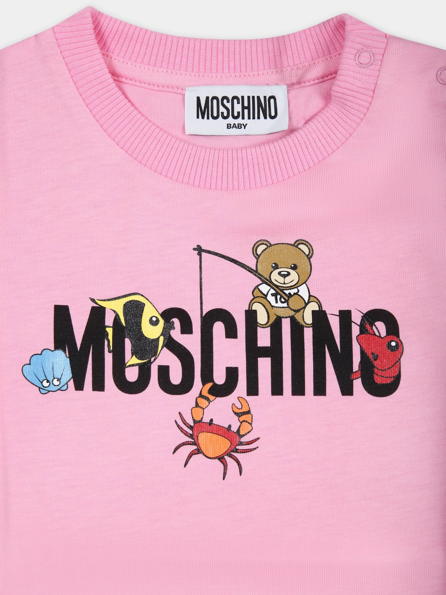 Vestito rosa per neonata con logo e animaletti,Moschino Kids,MDV0BF LAA02 50206